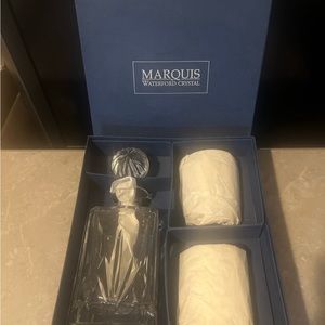 Marquis Waterford Crystal whiskey decanter with two crystal rocks glasses